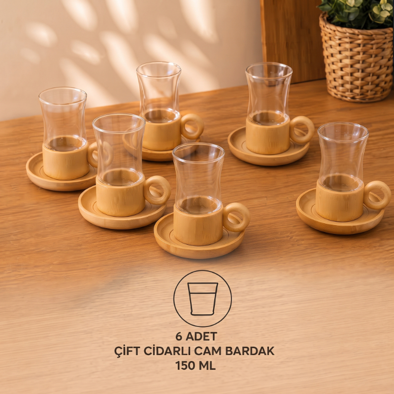 12 Parça Çay Seti - Bambu Bardak Altığı - Çift Cidarlı Cam - 150 ml 