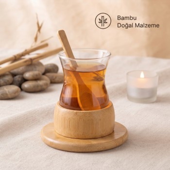 18 Parça Bambu Çay Seti - 6 Çay Bardağı - Borosilikat Cam 18 Parça Bambu Çay Seti - 6 Çay Bardağı - Borosilikat Cam