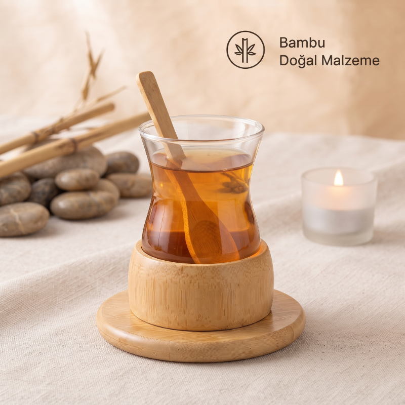 18 Parça Bambu Çay Seti - 6 Çay Bardağı - Borosilikat Cam 