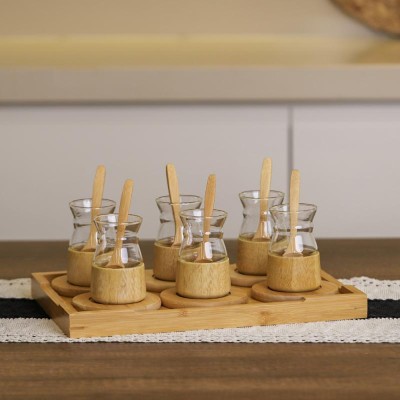 18 Parça Bambu Çay Seti - 6 Çay Bardağı - Borosilikat Cam 