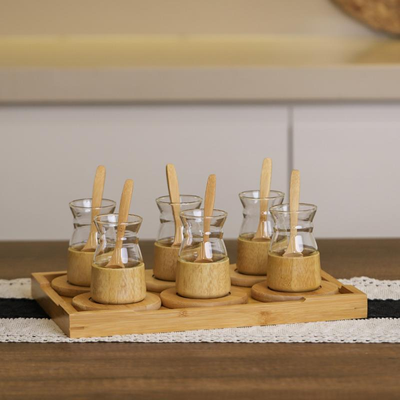 18 Parça Bambu Çay Seti - 6 Çay Bardağı - Borosilikat Cam 