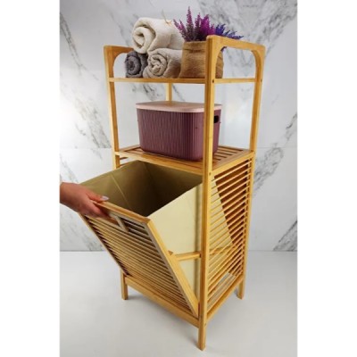 2 Organizer Raflı Ahşap Bambu Çek-Aç Kirli Sepeti 2 Organizer Raflı Ahşap Bambu Çek-Aç Kirli Sepeti