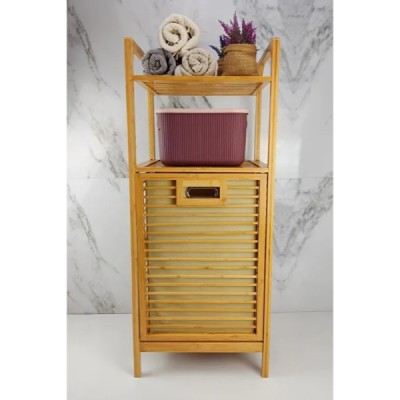 2 Organizer Raflı Ahşap Bambu Çek-Aç Kirli Sepeti 2 Organizer Raflı Ahşap Bambu Çek-Aç Kirli Sepeti