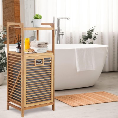 2 Organizer Raflı Ahşap Bambu Çek-Aç Kirli Sepeti 2 Organizer Raflı Ahşap Bambu Çek-Aç Kirli Sepeti