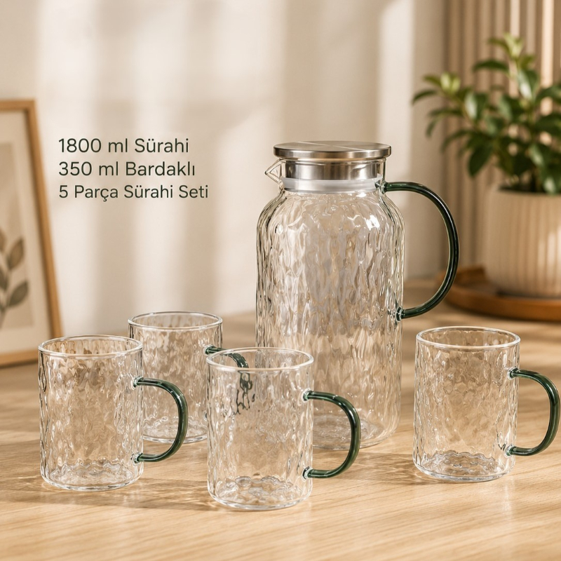 5 Parça Bardaklı Sürahi Seti - Cam - 1800 ml Sürahi - 4 Bardak 