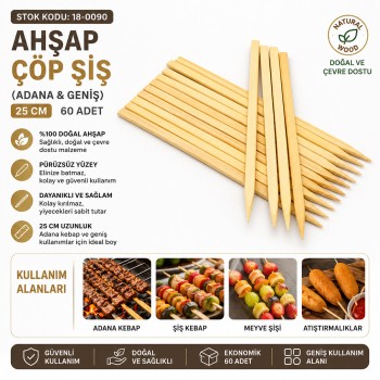 60 Adet Ahşap Geniş Çöp Şiş - Adana Kebap Şişi - 25 cm 60 Adet Ahşap Geniş Çöp Şiş - Adana Kebap Şişi - 25 cm