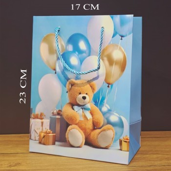 Ayıcık Desenli Mavi Küçük Boy Karton Hediye Çantası Ayıcık Desenli Mavi Küçük Boy Karton Hediye Çantası