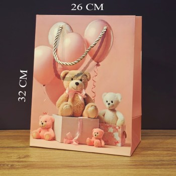 Ayıcık Desenli Pembe Büyük Boy Karton Hediye Çantası Ayıcık Desenli Pembe Büyük Boy Karton Hediye Çantası