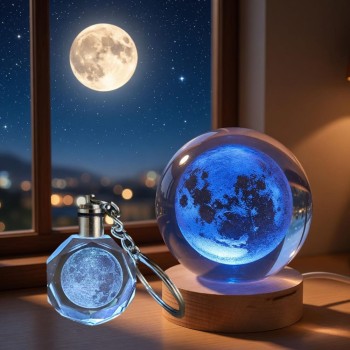 Dolunay Tasarımlı Işıklı Cam Küre - Kristal Anahtarlık Seti - Renk Değiştiren Gece Lambası Dolunay Tasarımlı Işıklı Cam Küre - Kristal Anahtarlık Seti - Renk Değiştiren Gece Lambası