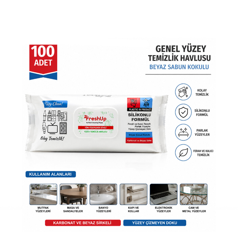 Genel Yüzey Temizlik Havlusu - 100'lü Paket - Beyaz Sabun Kokulu Islak Mendil Genel Yüzey Temizlik Havlusu - 100'lü Paket - Beyaz Sabun Kokulu Islak Mendil