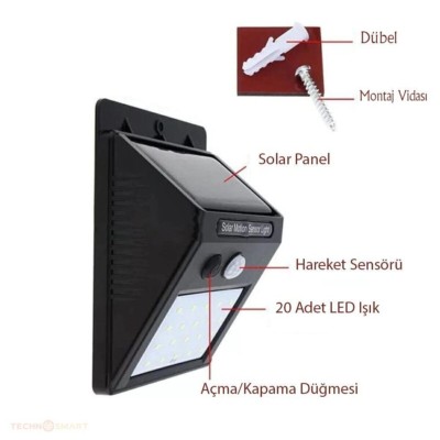 Hareket Sensörlü Solar Dış Mekan Lambası