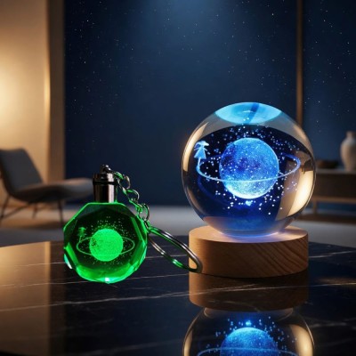 Işıklı Satürnlü Kız Cam Küre - Renk Değiştiren Gece Lambası - Kristal Anahtarlık Seti 