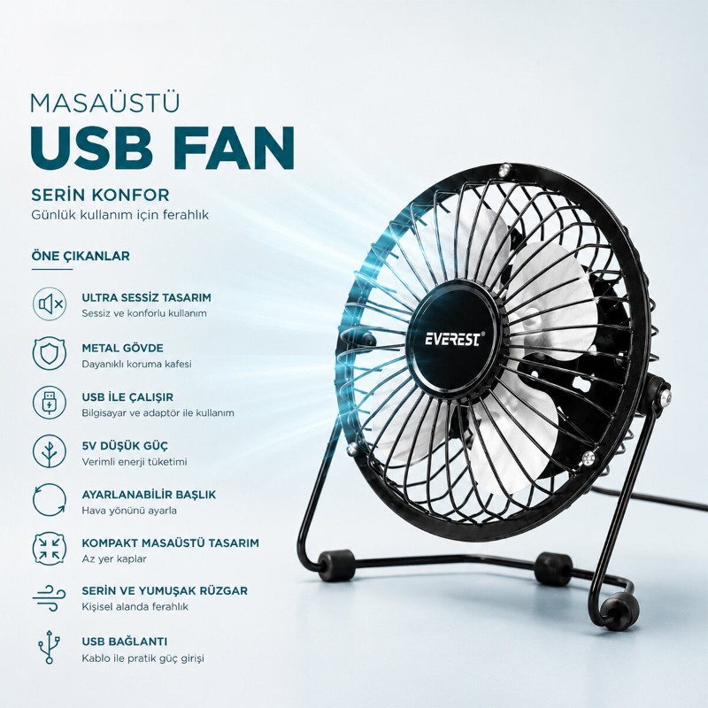 Masaüstü Mini USB Fan - Metal Gövdeli - Ultra Sessiz Masaüstü Mini USB Fan - Metal Gövdeli - Ultra Sessiz