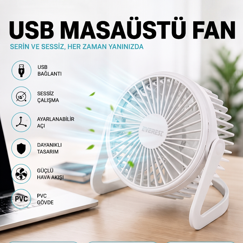 Masaüstü Mini USB Fan - PVC Gövdeli - 360° Ayarlanabilir Masaüstü Mini USB Fan - PVC Gövdeli - 360° Ayarlanabilir