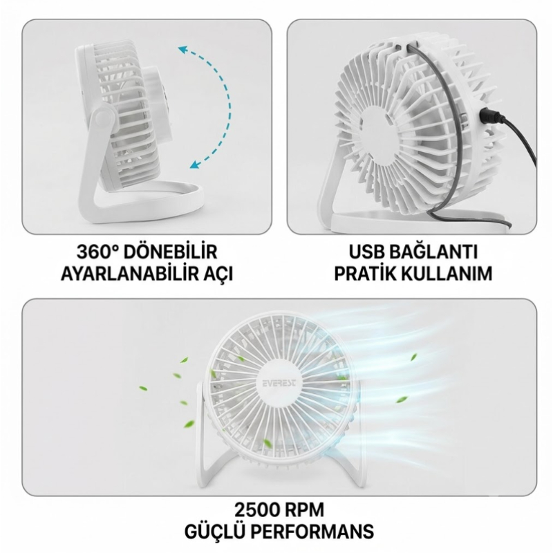 Masaüstü Mini USB Fan - PVC Gövdeli - 360° Ayarlanabilir Masaüstü Mini USB Fan - PVC Gövdeli - 360° Ayarlanabilir
