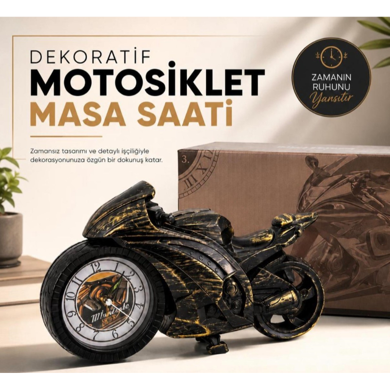Motosiklet Tasarımlı Masa Saati - Dekoratif Hediyelik - Dayanıklı Malzeme 