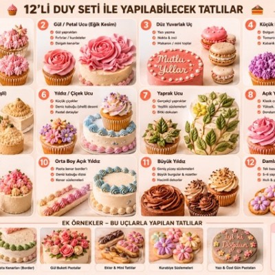 Profesyonel Pastalar İçin Tam Donanımlı 12'li Dekorasyon Seti (Paslanmaz Çelik Duy Seti)
