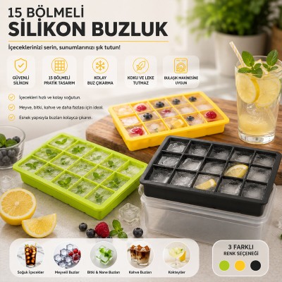 Renkli Pratik Buz Kalıbı - 15 Bölmeli - Silikon Renkli Pratik Buz Kalıbı - 15 Bölmeli - Silikon