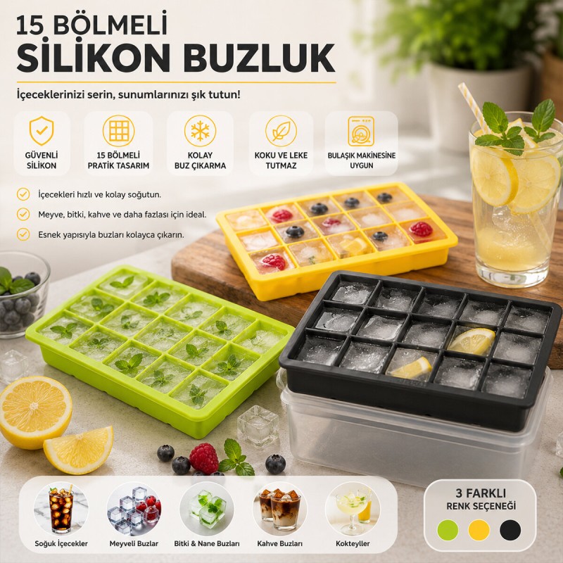 Renkli Pratik Buz Kalıbı - 15 Bölmeli - Silikon Renkli Pratik Buz Kalıbı - 15 Bölmeli - Silikon