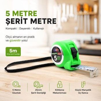 Şerit Metre - 5 Metre Uzunluk - Manyetik Uç 