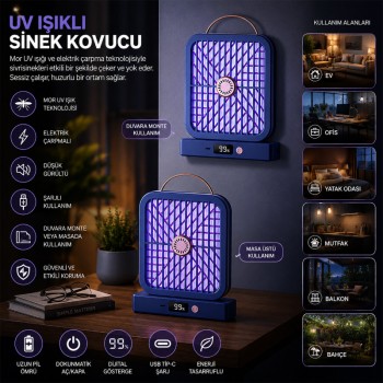 UV Işıklı Sinek Kovucu - Şarjlı ve Elektrik Çarpmalı - Dijital Ekranlı UV Işıklı Sinek Kovucu - Şarjlı ve Elektrik Çarpmalı - Dijital Ekranlı